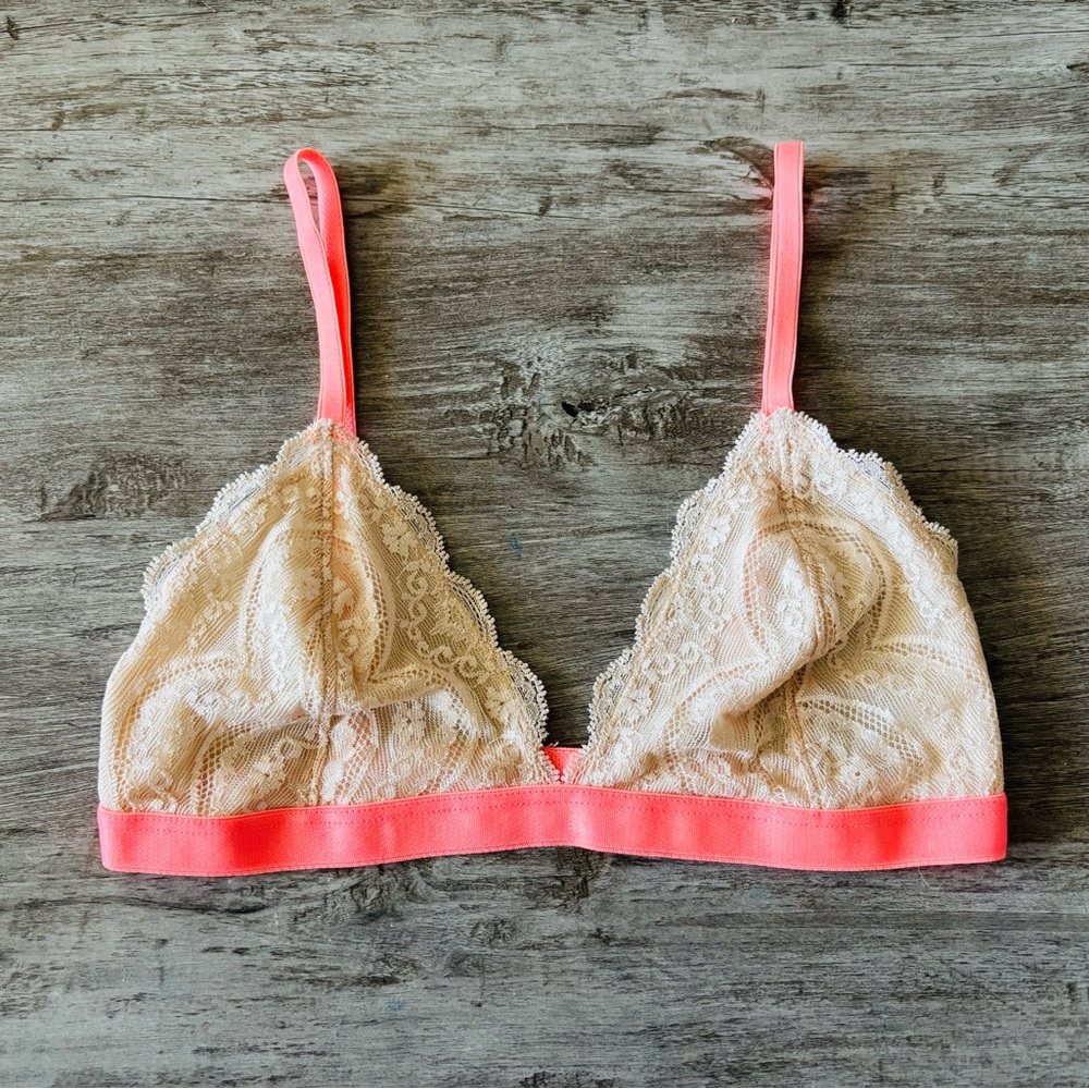 Express Lace Bralette Peach Neon Wireless Nylon Stretch Womens XS NWT